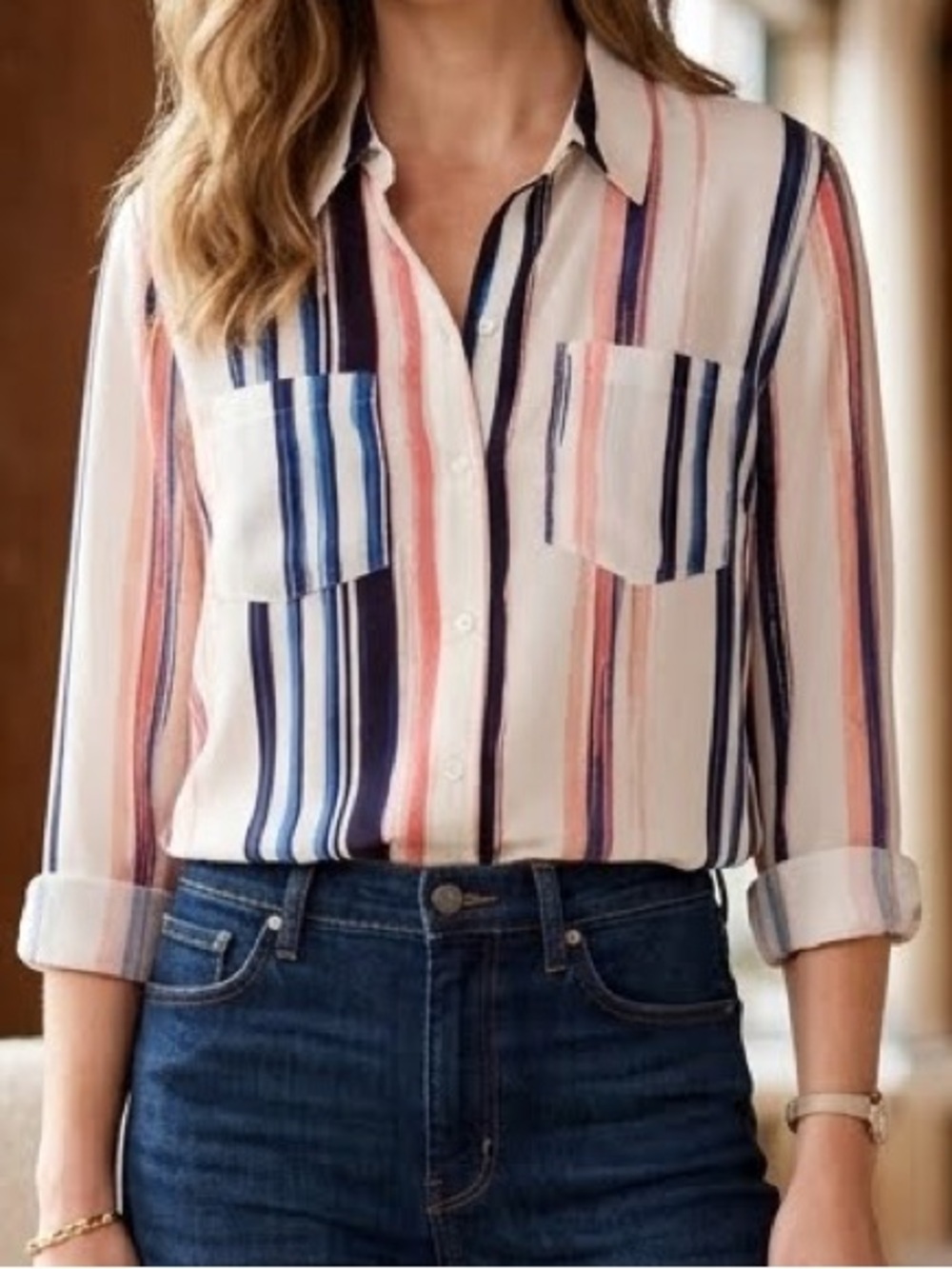 White House Black Market Button-Down Shirt Abstract Striped Navy Coral White 12